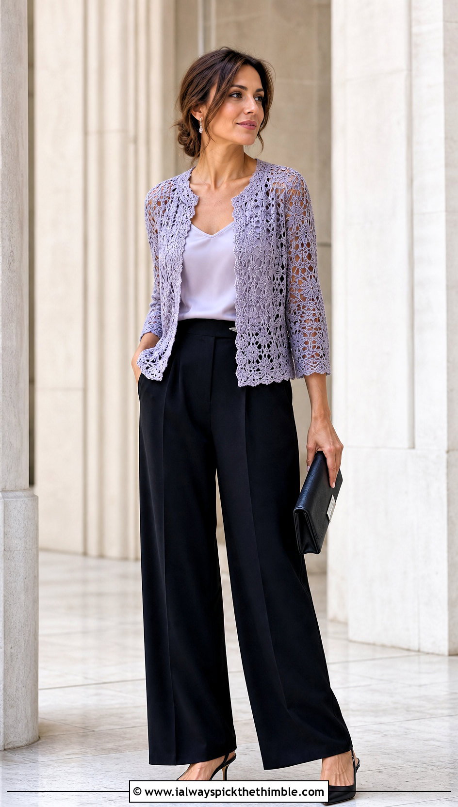 Lace Crochet Cardigan With Wide Leg Suit Pants - 15 Ultimate Lounge Crochet Cardigan outfit ideas