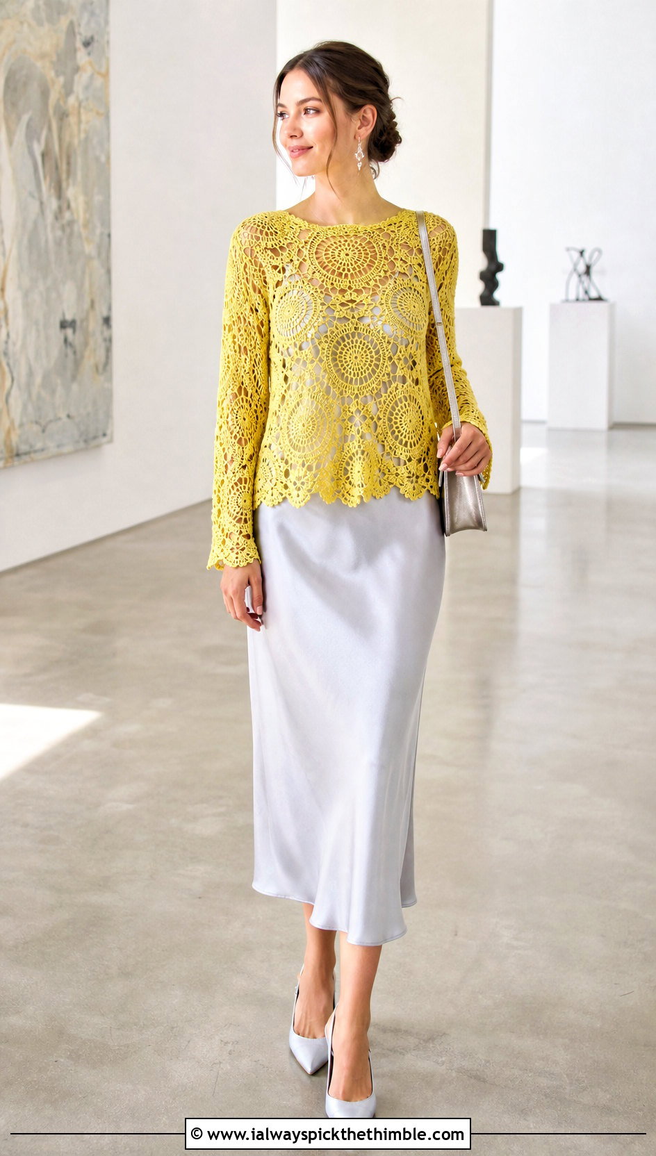 Lace Crochet Circle Sweater With Satin Slip Dress - 20 crochet circle sweater outfit ideas