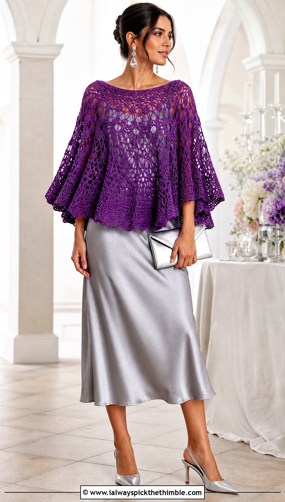 Lace Crochet Circular Poncho With Satin Slip Dress - 20 Crochet Circular Poncho outfit ideas