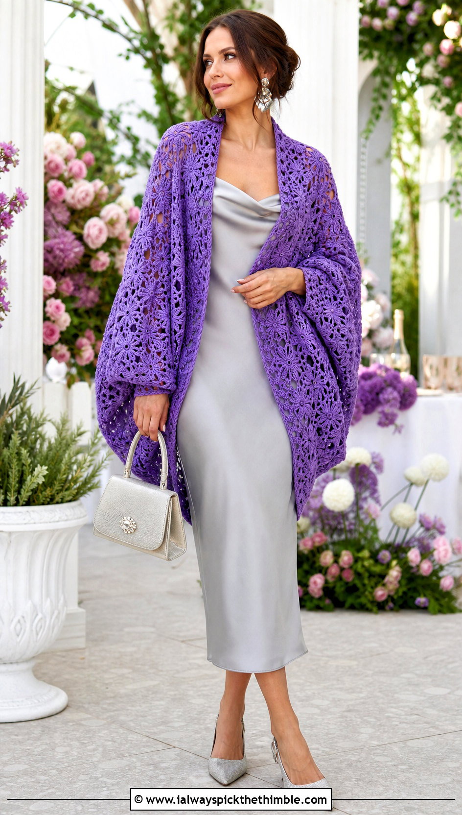Lace Crochet Cocoon Shrug With Satin Slip Dress - 20 crochet cocoon shrug outfit ideas