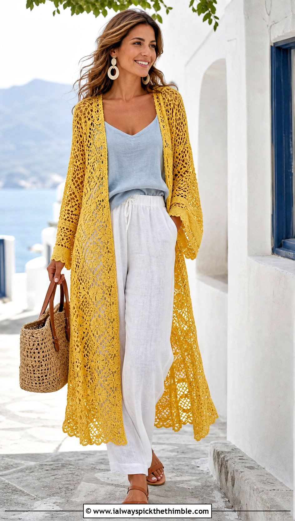 Lace Crochet Duster Coat With Linen Pants - 20 women crochet coat outfit ideas