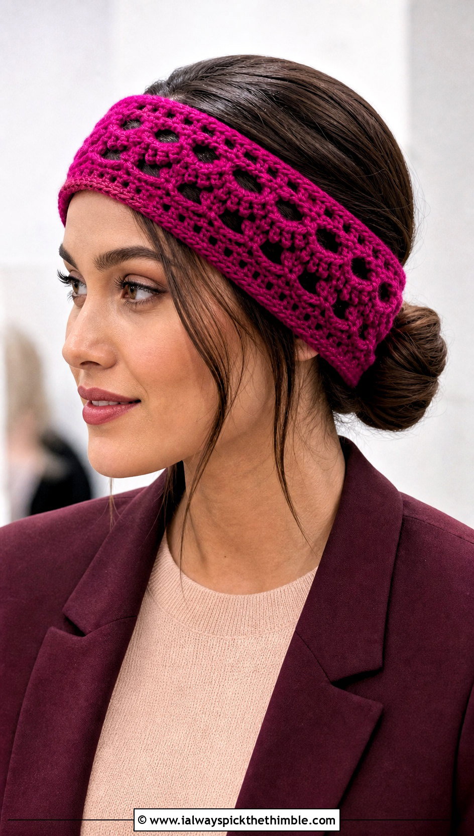 Lace Crochet Ear Warmer With Monochrome Suit - 20 Crochet Headband Ear Warmer outfit ideas