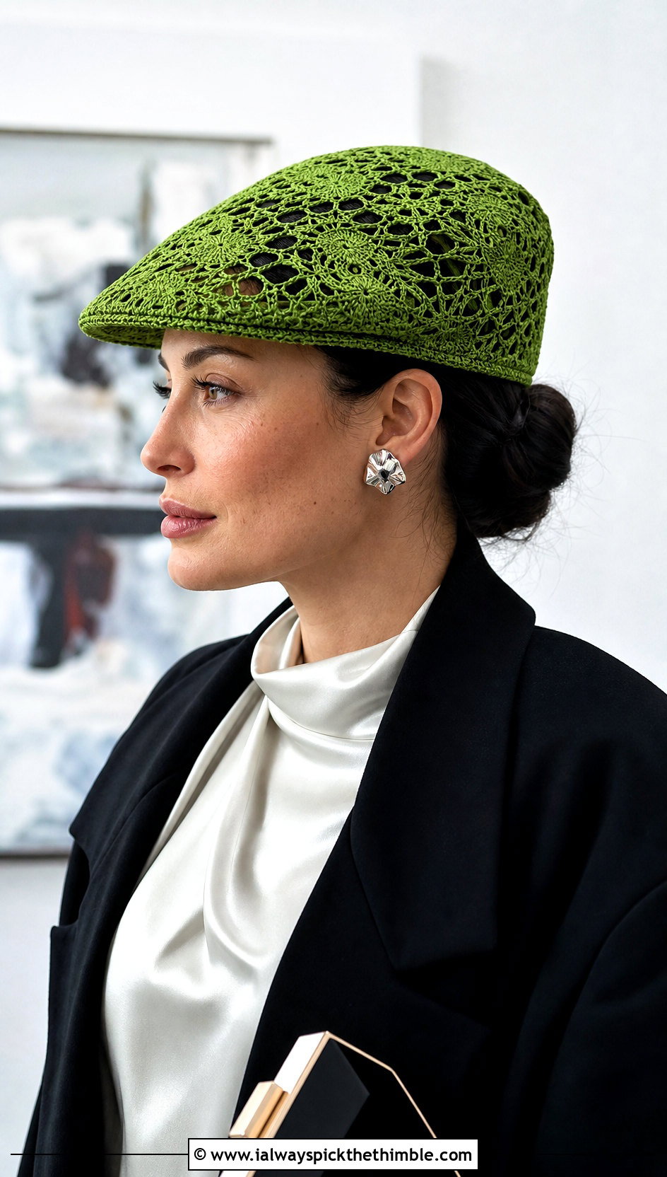Lace Crochet Flat Cap With Satin Blouse - 20 crochet flat cap outfit ideas