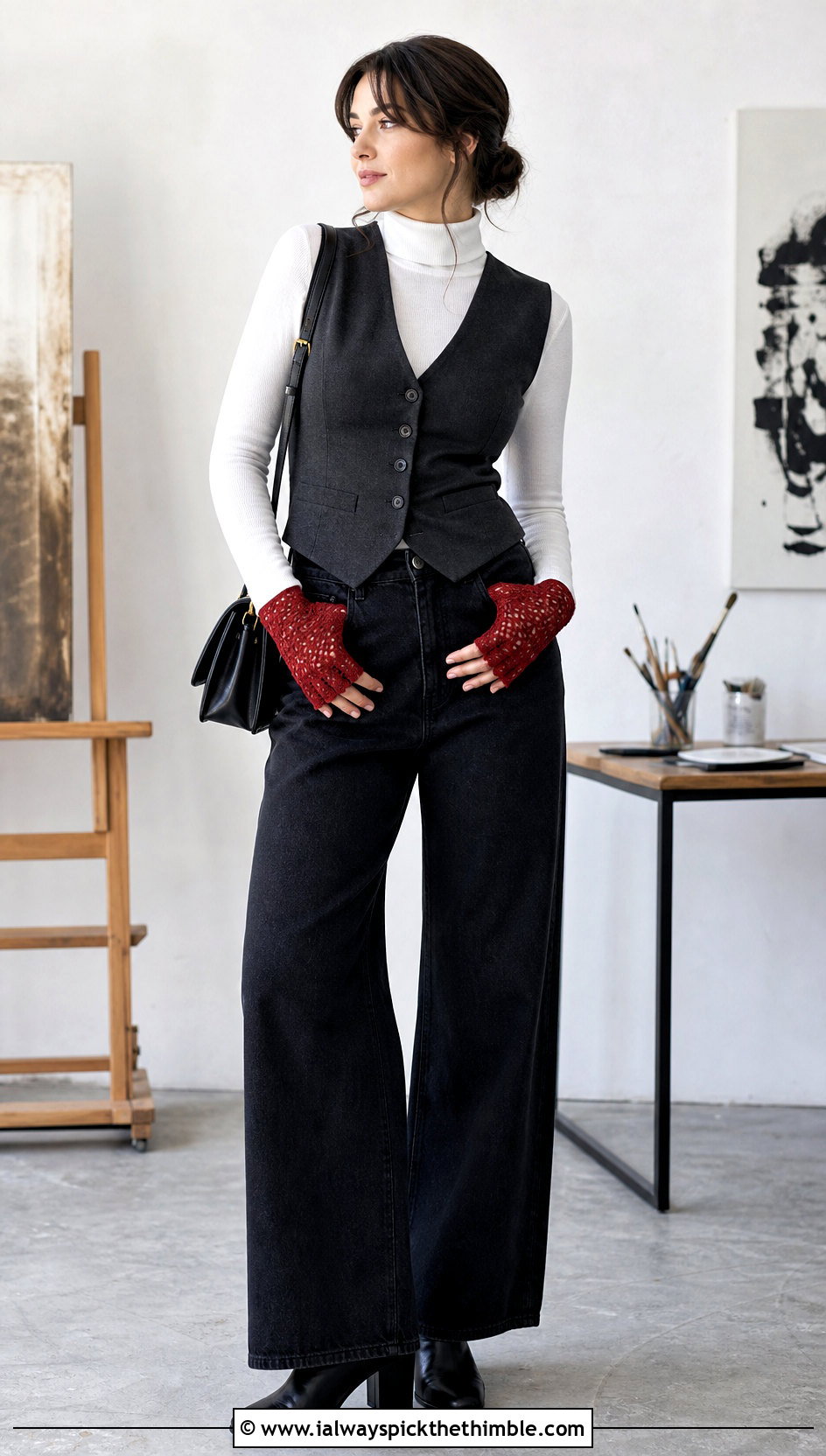 Lace Crochet Half Finger Gloves With Vest And Wide Leg Jeans - 20 crochet half finger gloves outfit ideas