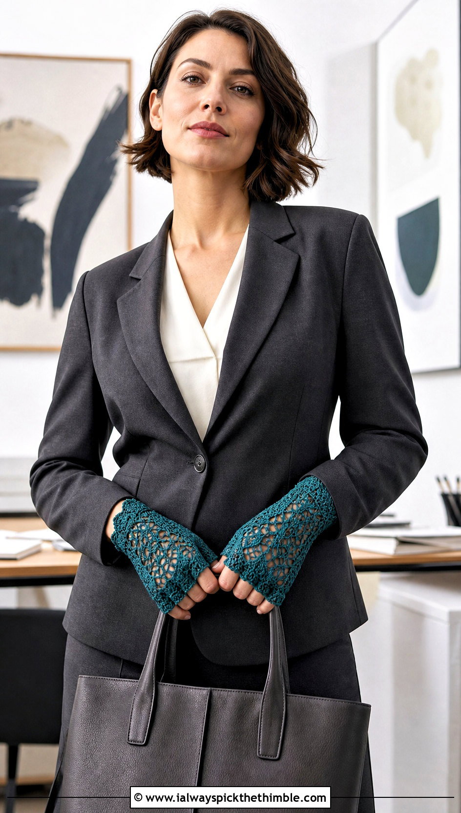 Lace Crochet Half Gloves With Blazer And Trousers - 20 crochet half gloves fingerless mitts outfit ideas