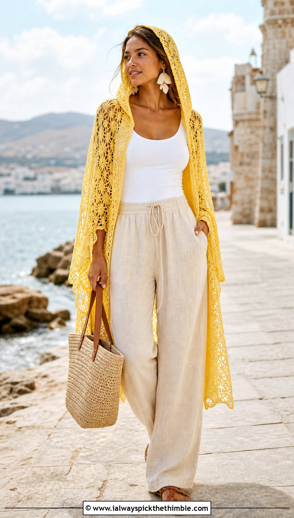 Lace Crochet Hooded Cape With Linen Trousers - 25 crochet hooded cape outfit ideas