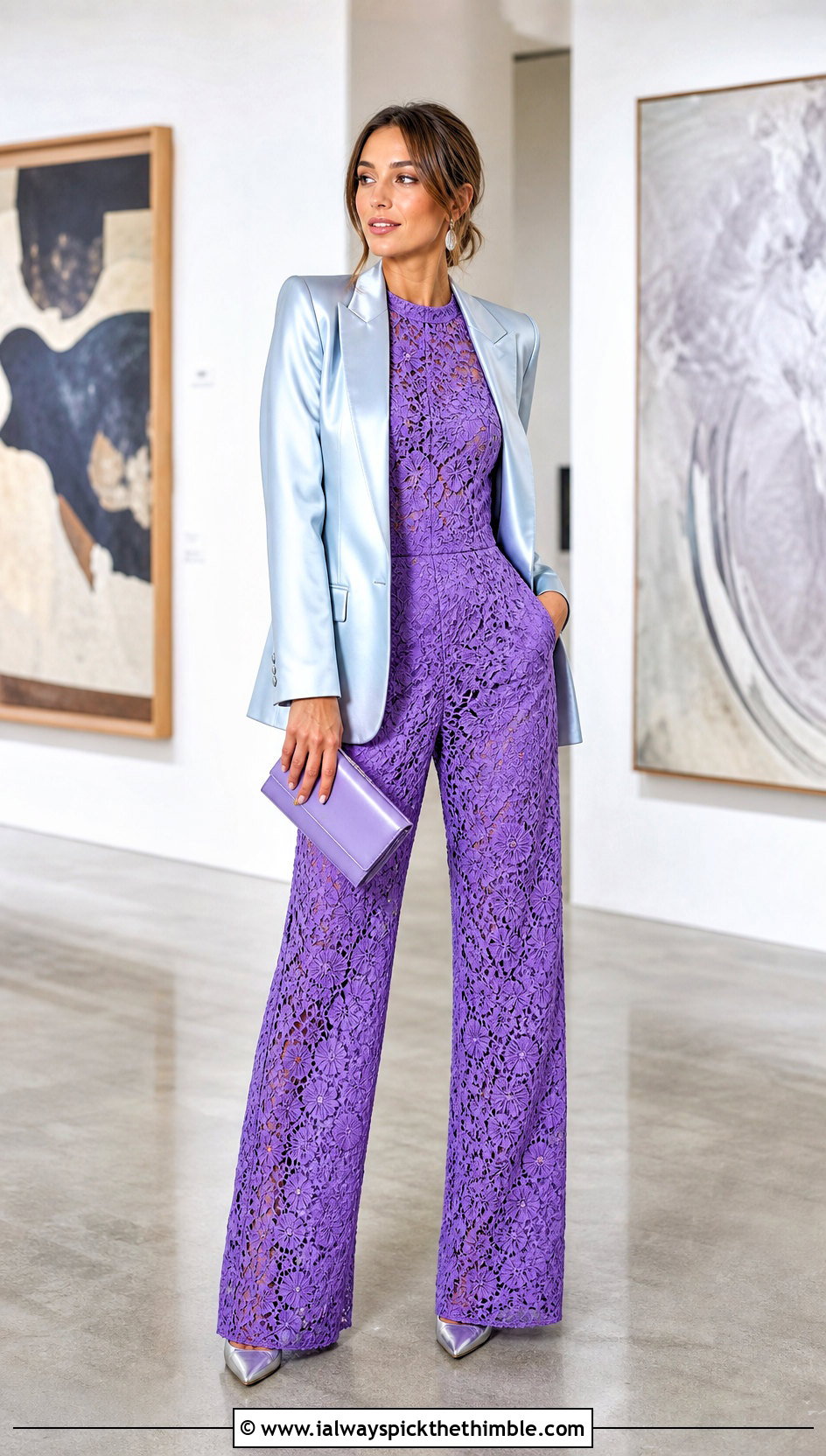 Lace Crochet Jumpsuit With Satin Blazer - 20 Women Crochet Jumpsuit outfit ideas