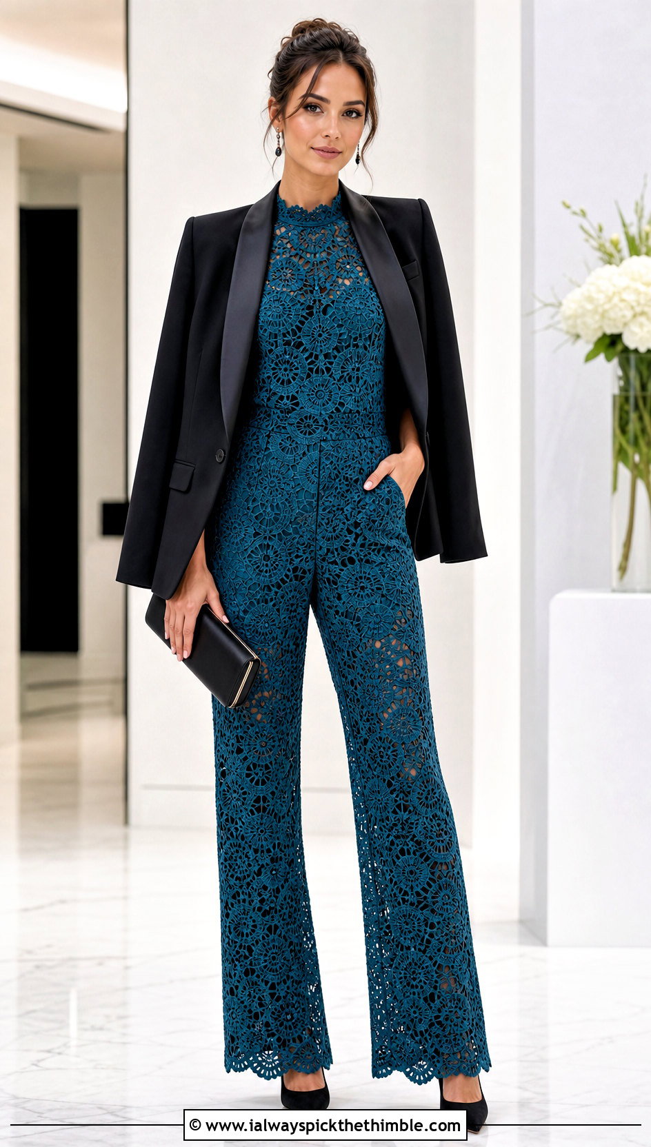 Lace Crochet Jumpsuit With Tuxedo Blazer - 20 crochet jumpsuit outfit ideas