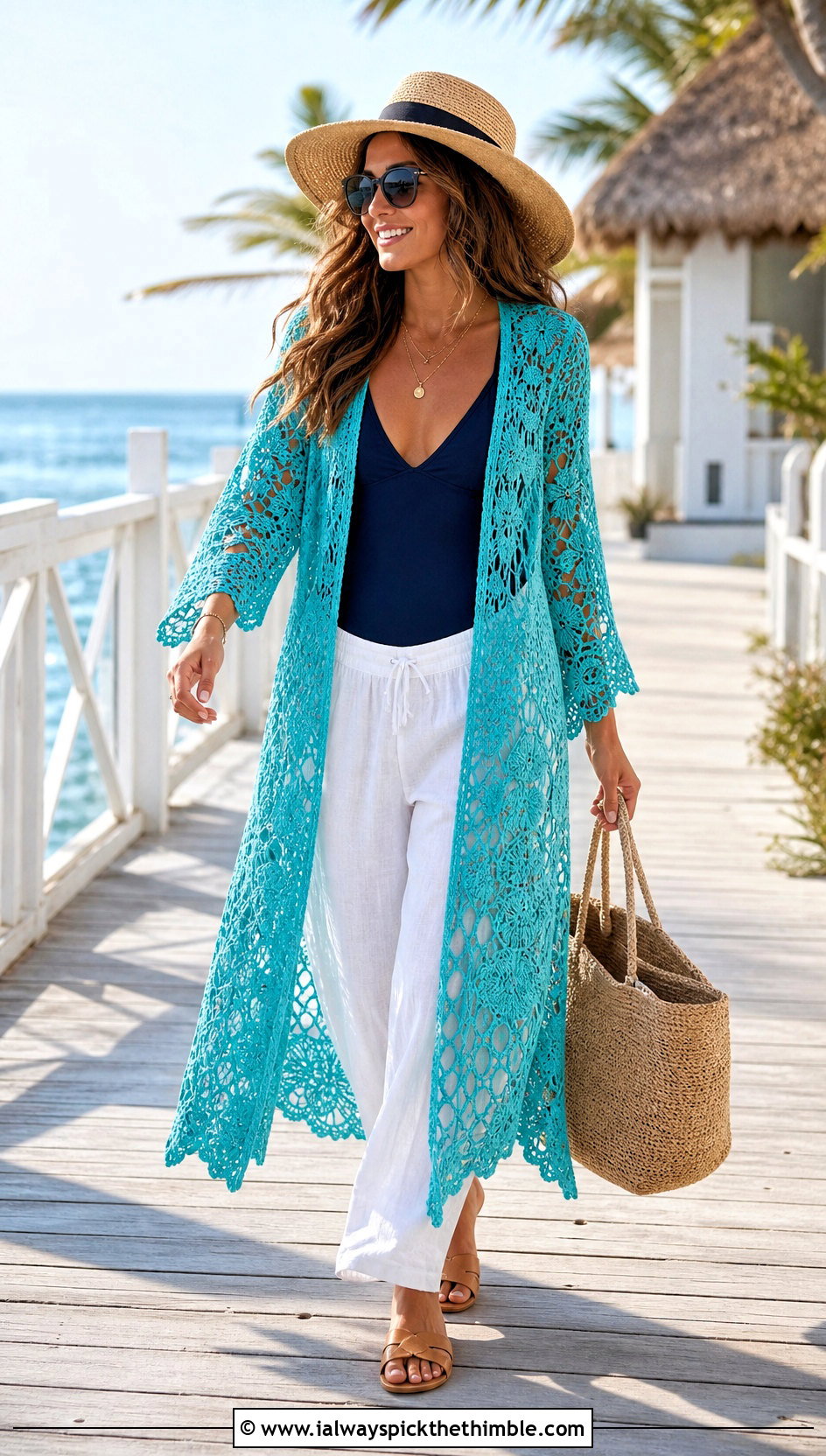 Lace Crochet Long Poncho With Swimsuit And Linen Pants - 15 Crochet Long Poncho outfit ideas