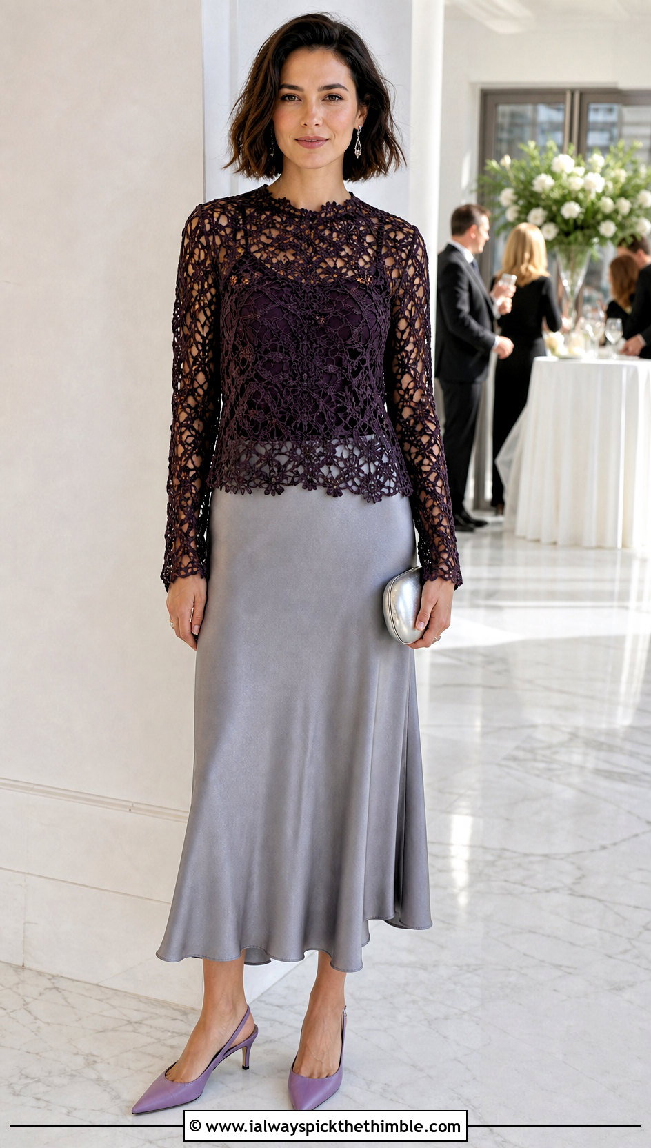 Lace Crochet Long Sleeve Top With Bias Cut Midi Skirt - 25 crochet long sleeve tops outfit ideas