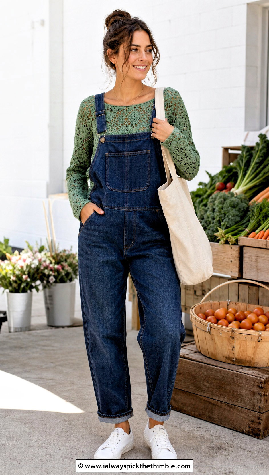 Lace Crochet Long Sleeve Top With Denim Overalls - 25 crochet long sleeve top outfit ideas