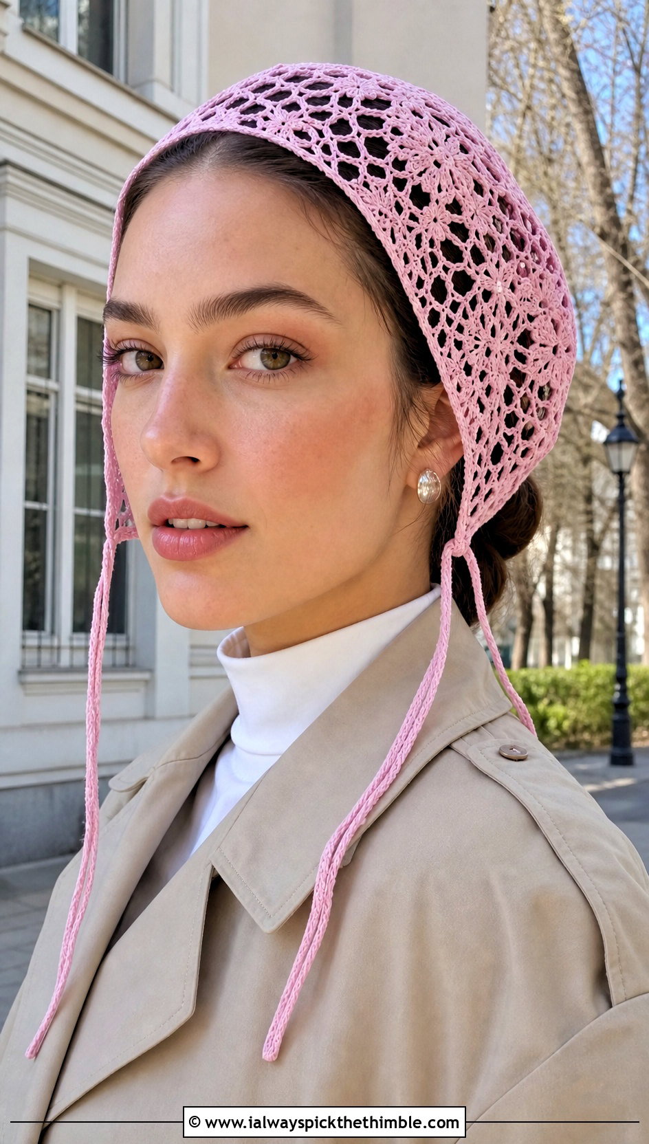 Lace Crochet Mesh Bonnet With Trench Coat - 25 crochet mesh hat outfit ideas