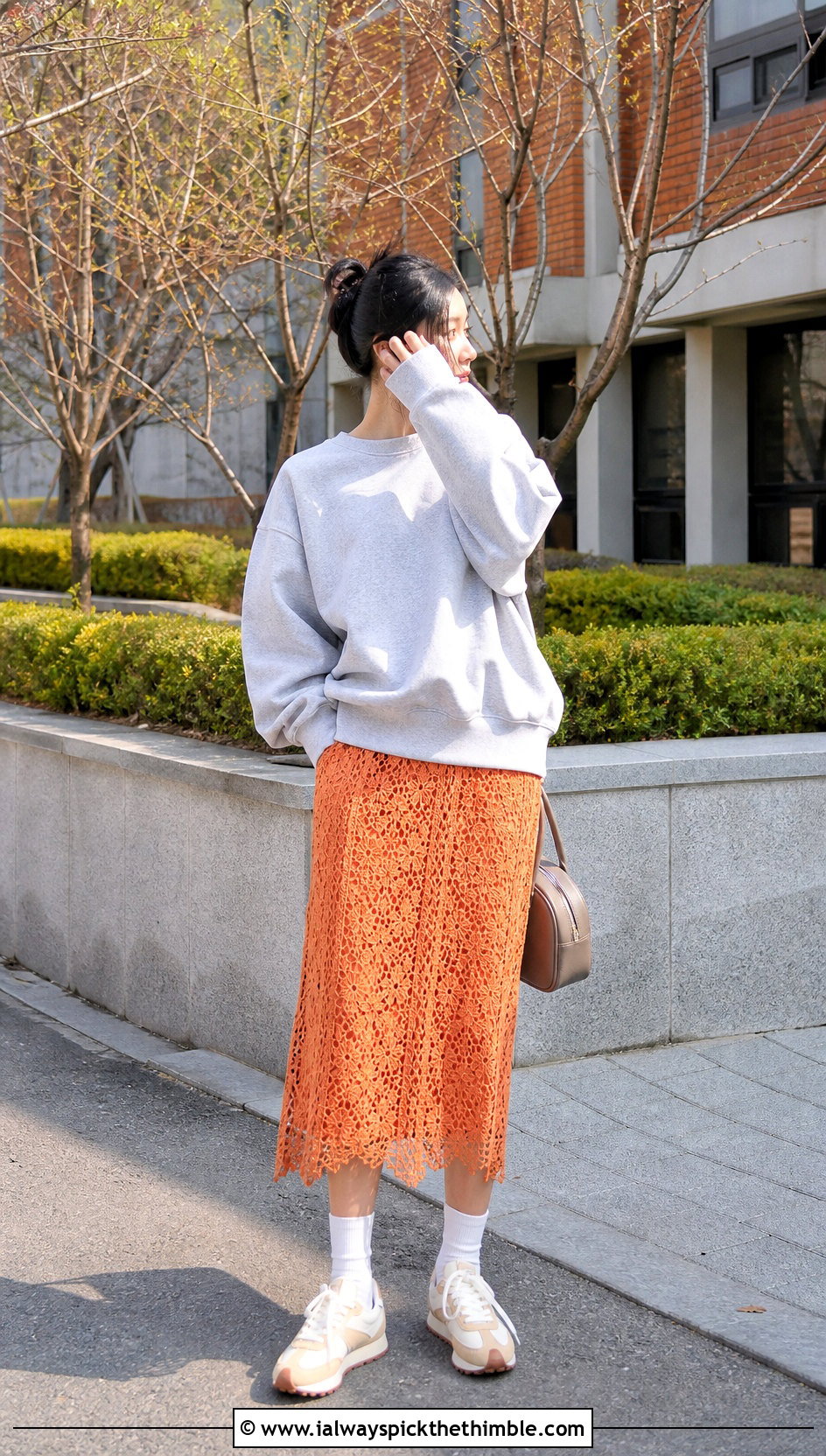 Lace Crochet Midi Skirt With Oversized Sweatshirt - 20 korean crochet outfits ideas