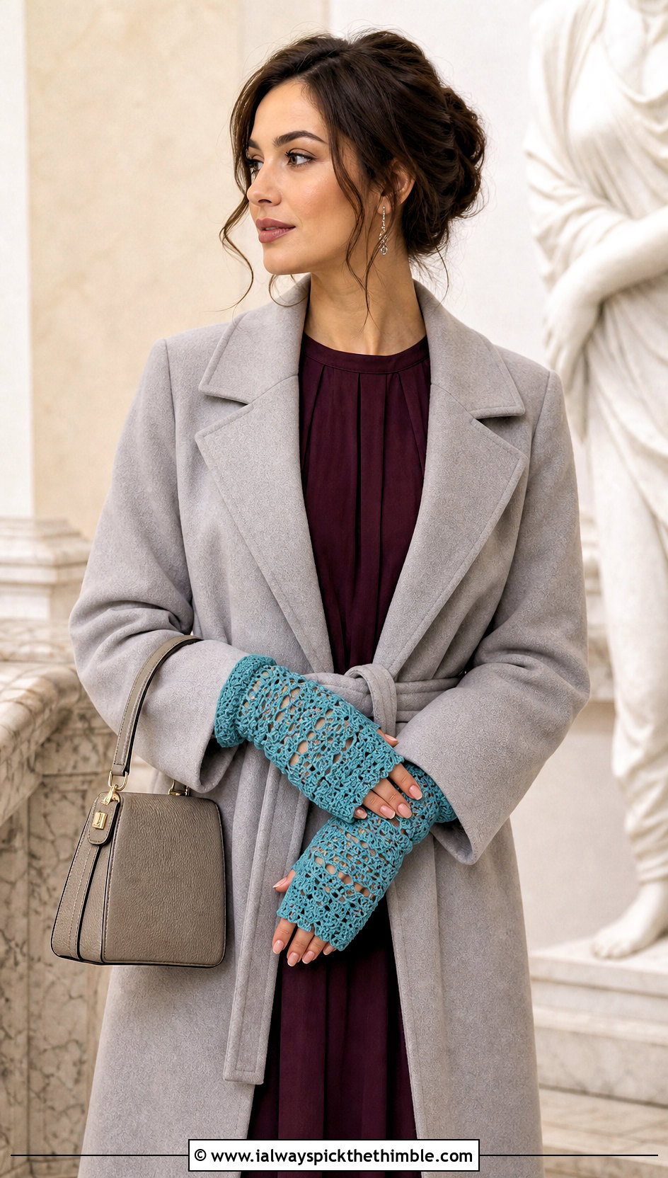 Lace Crochet Mittens With Wool Coat And Midi Dress - 20 quick crochet mittens outfit ideas