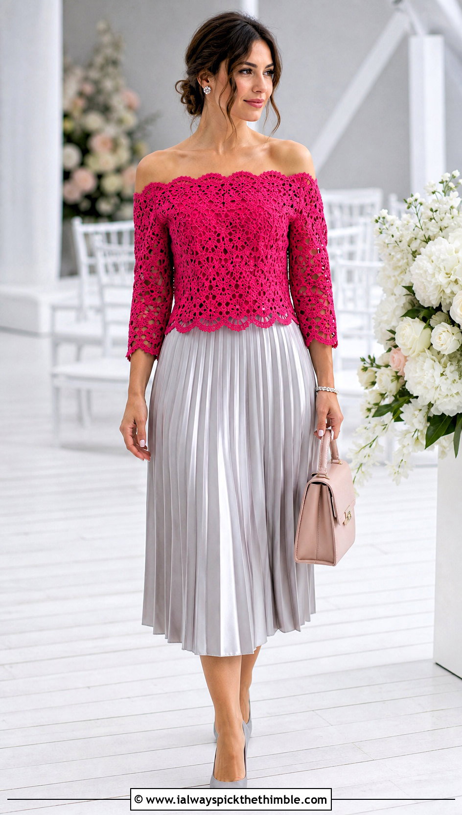 Lace Crochet Off The Shoulder Top With Pleated Midi Skirt - 25 Crochet Off The Shoulder Top outfit ideas