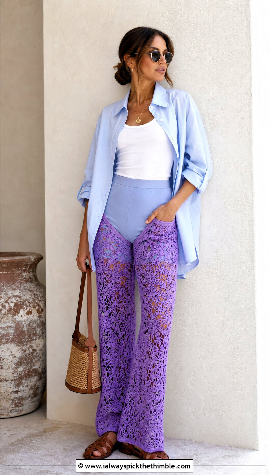 Lace Crochet Pants With Oversized Button Down Shirt - 25 Summer Crochet Pants Outfit ideas