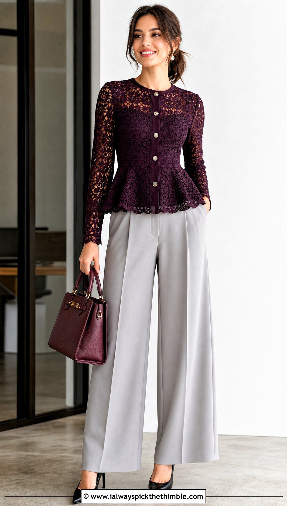 Lace Crochet Peplum Top With Pleated Trousers - 25 Crochet Top With Buttons outfit ideas