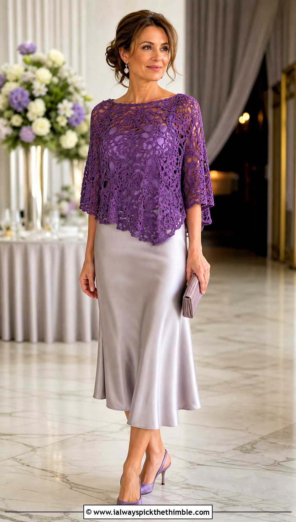 Lace Crochet Poncho Top With Satin Midi Skirt - 20 Crochet Poncho Top outfit ideas
