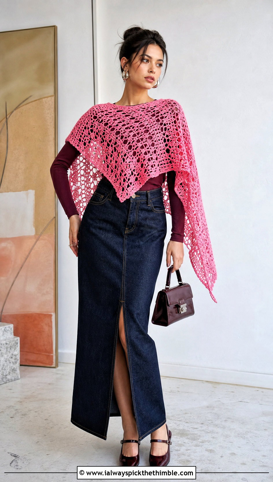 Lace Crochet Poncho With Denim Maxi Skirt - 20 Crochet Fall Poncho outfit ideas