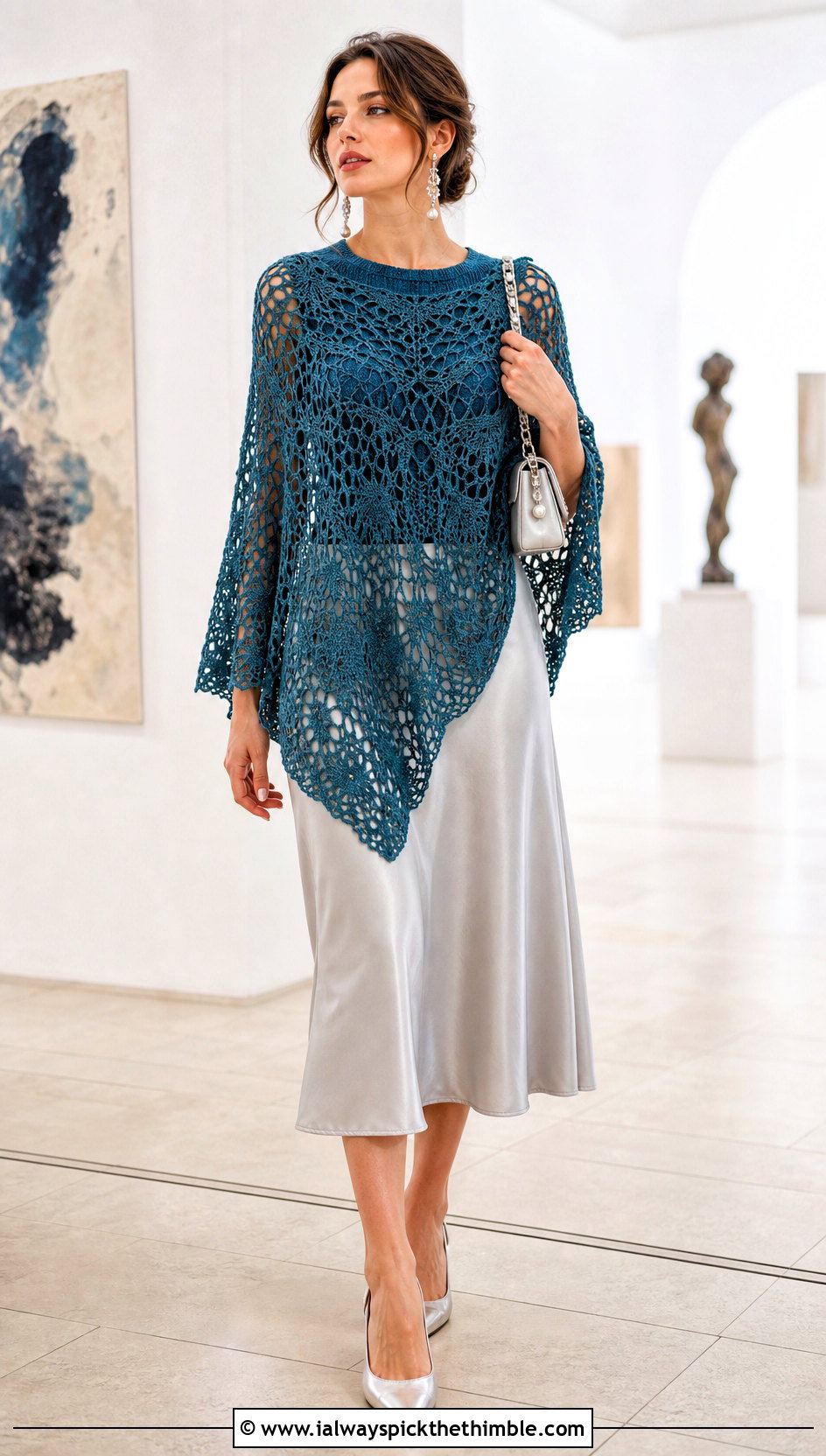 Lace Crochet Poncho With Satin Midi Skirt - 15 Vintage Crochet Poncho outfit ideas