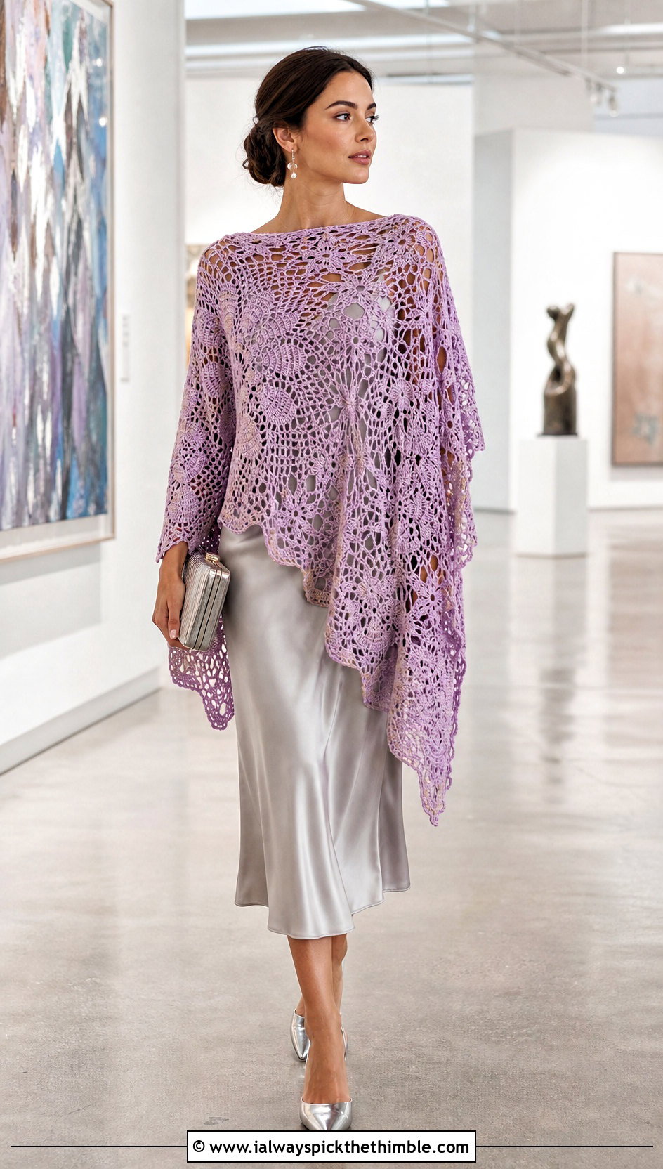 Lace Crochet Poncho With Satin Slip Dress - 20 Easy Crochet Poncho For Beginners outfit ideas