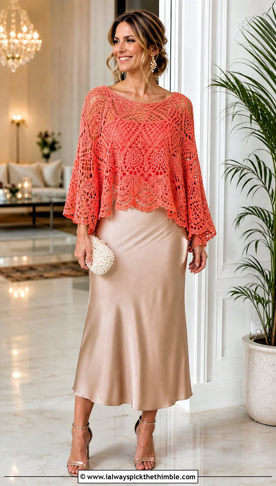 Lace Crochet Poncho With Satin Slip Skirt - 20 Easy Simple Crochet Poncho outfit ideas