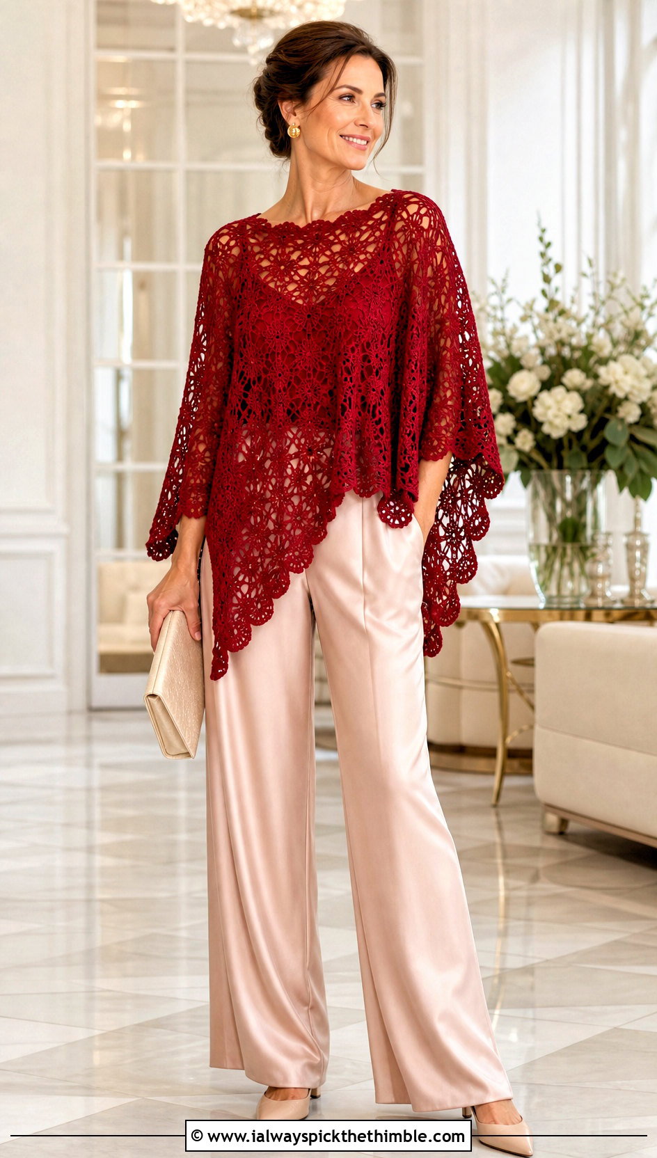 Lace Crochet Poncho With Satin Trousers - 20 Beginner Crochet Poncho outfit ideas