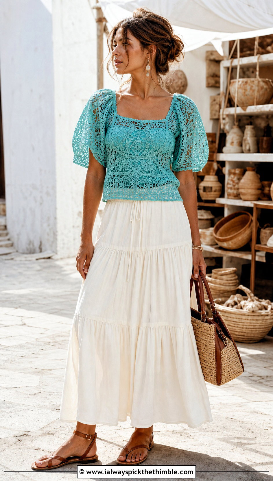 Lace Crochet Puff Top With Tiered Maxi Skirt - 25 crochet puff top outfit ideas