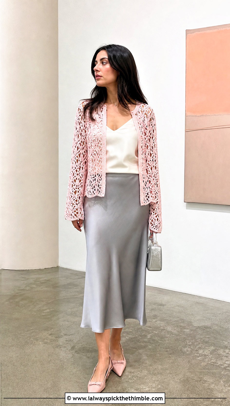 Lace Crochet Raglan Jacket With Satin Midi Skirt - 15 crochet raglan jacket outfit ideas