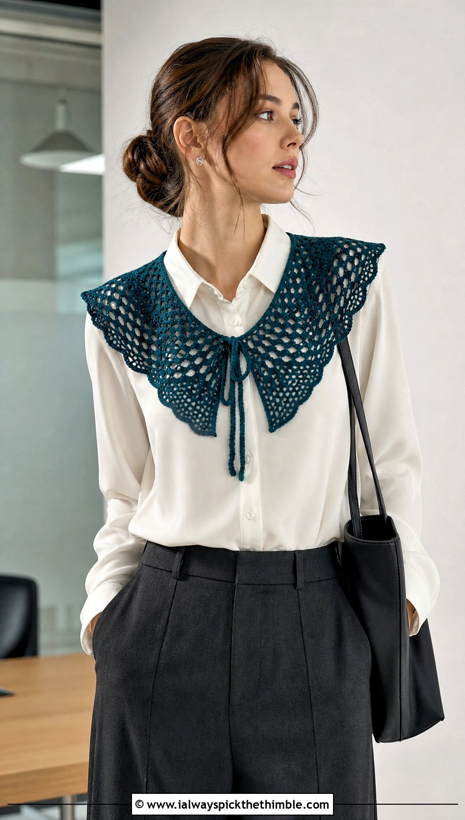 Lace Crochet Sailor Collar With Button Down Shirt And Trousers - 20 crochet sailor collar outfit ideas