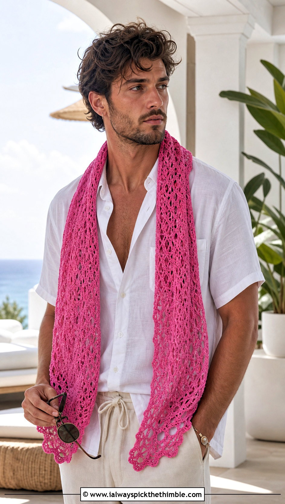 Lace Crochet Scarf With Linen Resort Outfit - 20 men's crocheted scarf outfit ideas