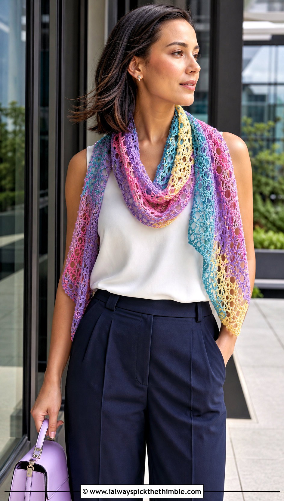 Lace Crochet Scarf With Wide Leg Trousers - 20 multi colored crochet scarf outfit ideas