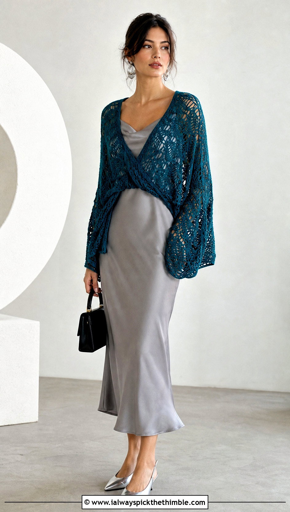 Lace Crochet Shawl Sweater With Satin Slip Dress - 20 crochet shawl sweater outfit ideas