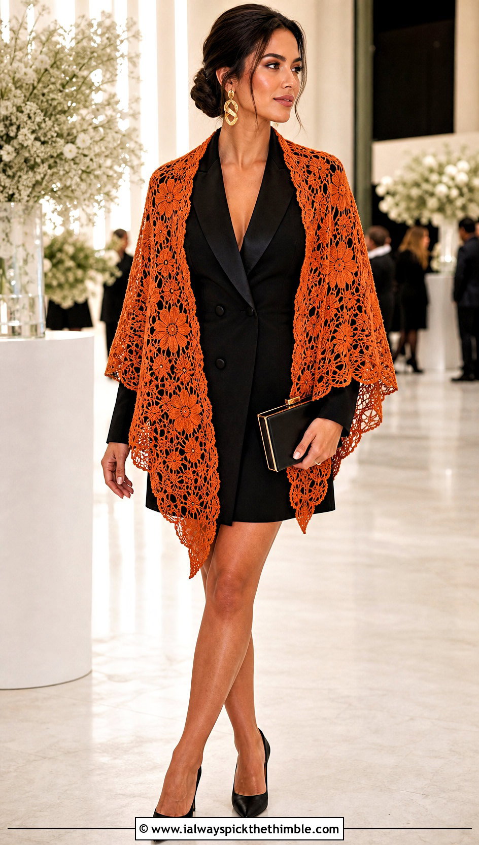 Lace Crochet Shawl With A Blazer Dress - 20 Fall Crochet Shawl outfit ideas