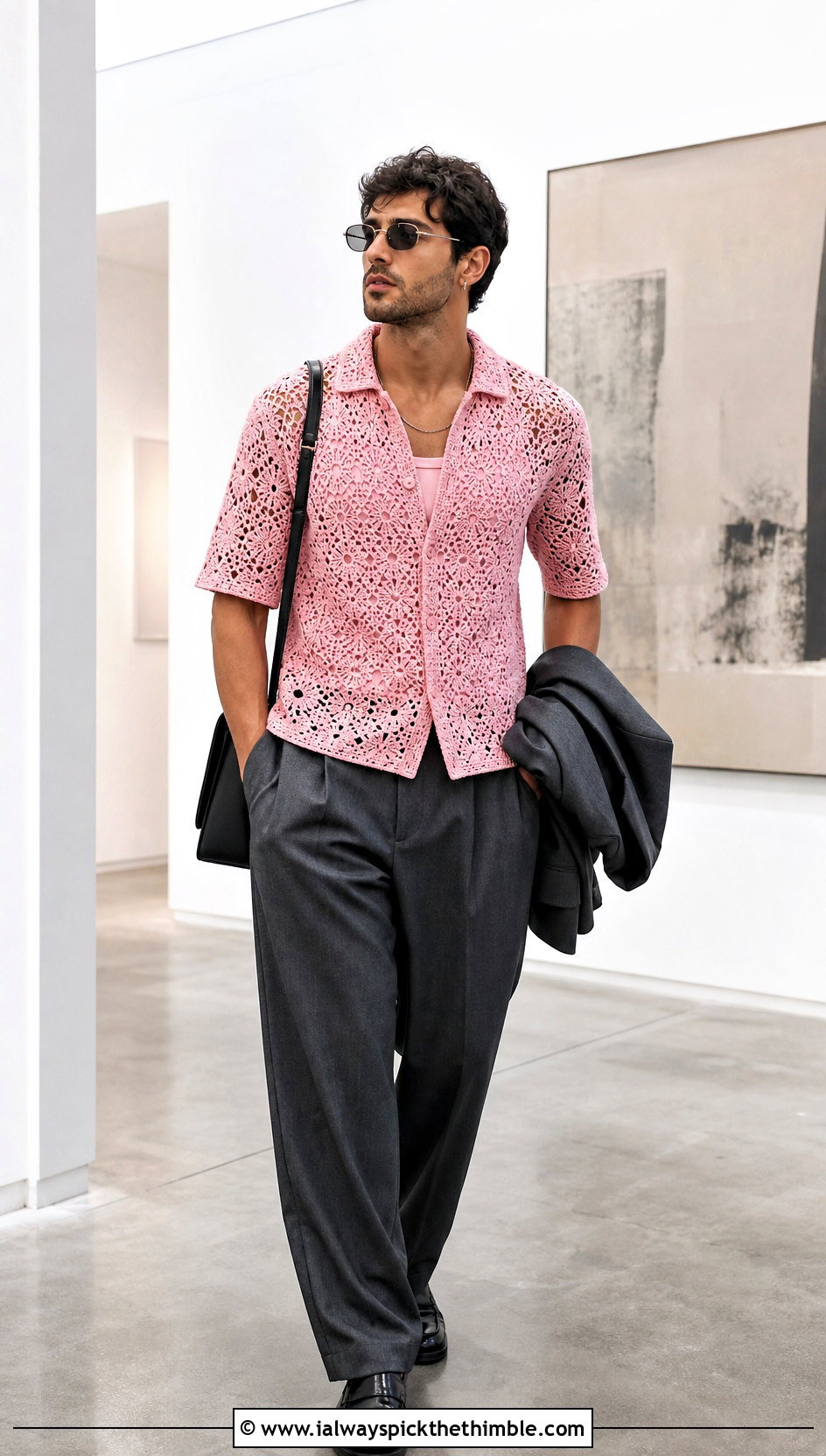 Lace Crochet Shirt With Relaxed Suit Trousers - 25 crochet man shirt outfit ideas