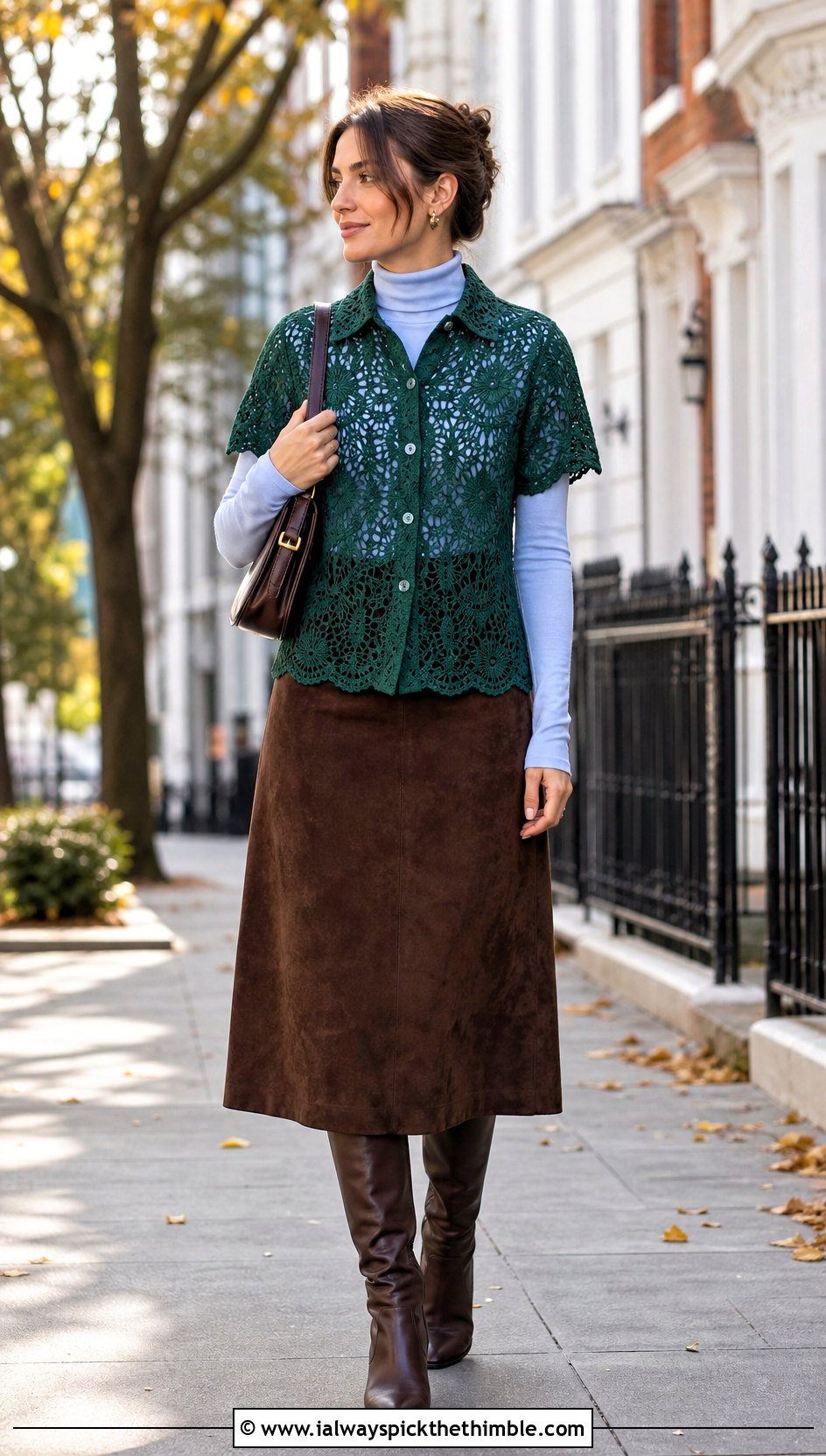 Lace Crochet Shirt With Suede Midi Skirt - 15 crochet short sleeve shirt outfit ideas