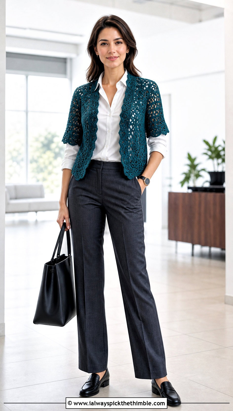 Lace Crochet Short Sleeve Shrug With Tailored Trousers - 20 crochet short sleeve shrug outfit ideas