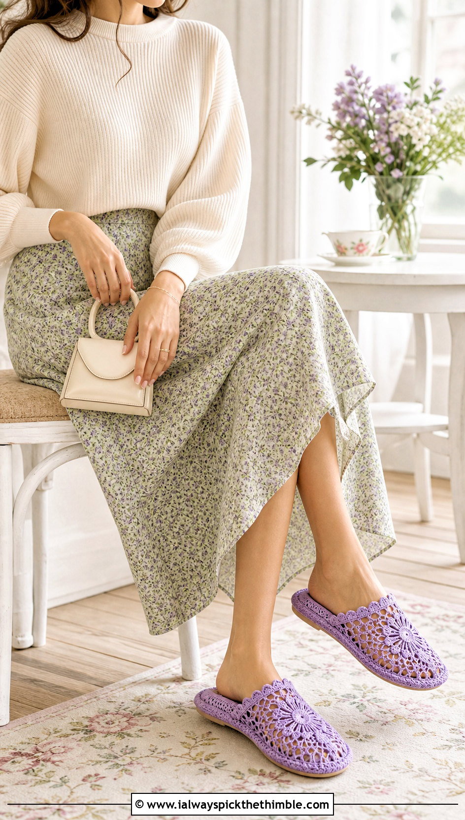 Lace Crochet Slippers With Floral Dress - 25 crochet slippers outfit ideas