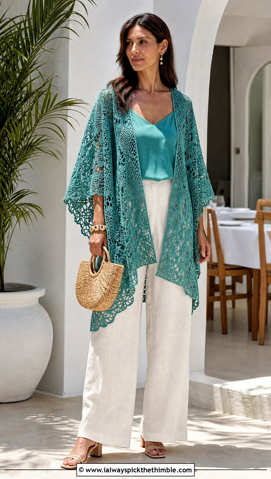 Lace Crochet Summer Poncho With Linen Trousers - 25 crochet summer poncho outfit ideas