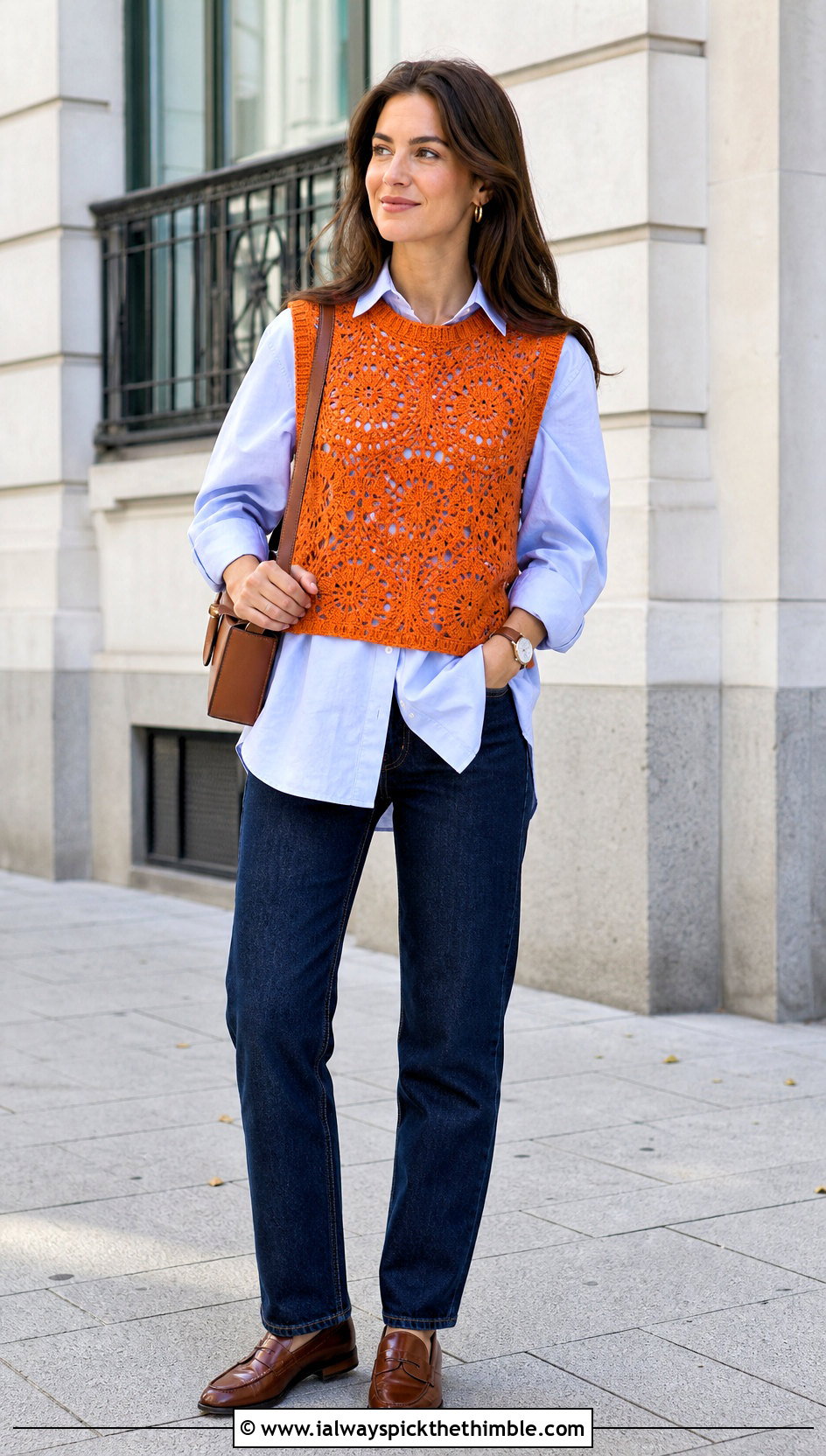 Lace Crochet Sweater Vest With Poplin Shirt And Jeans - 20 lace crochet sweater outfit ideas