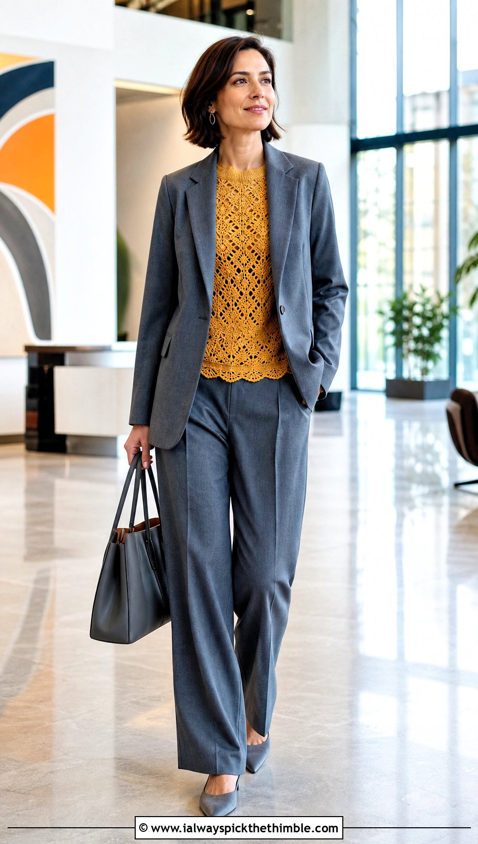 Lace Crochet Sweater With Tailored Suit - 25 easy crochet sweater outfit ideas