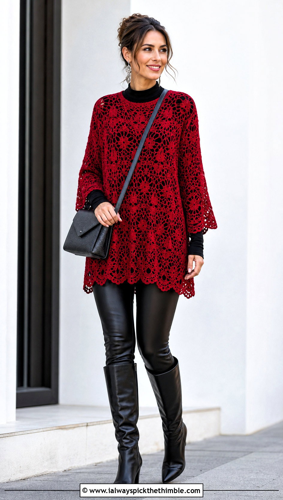 Lace Crochet Tunic Sweater With Faux Leather Leggings - 20 lace crochet sweater outfit ideas