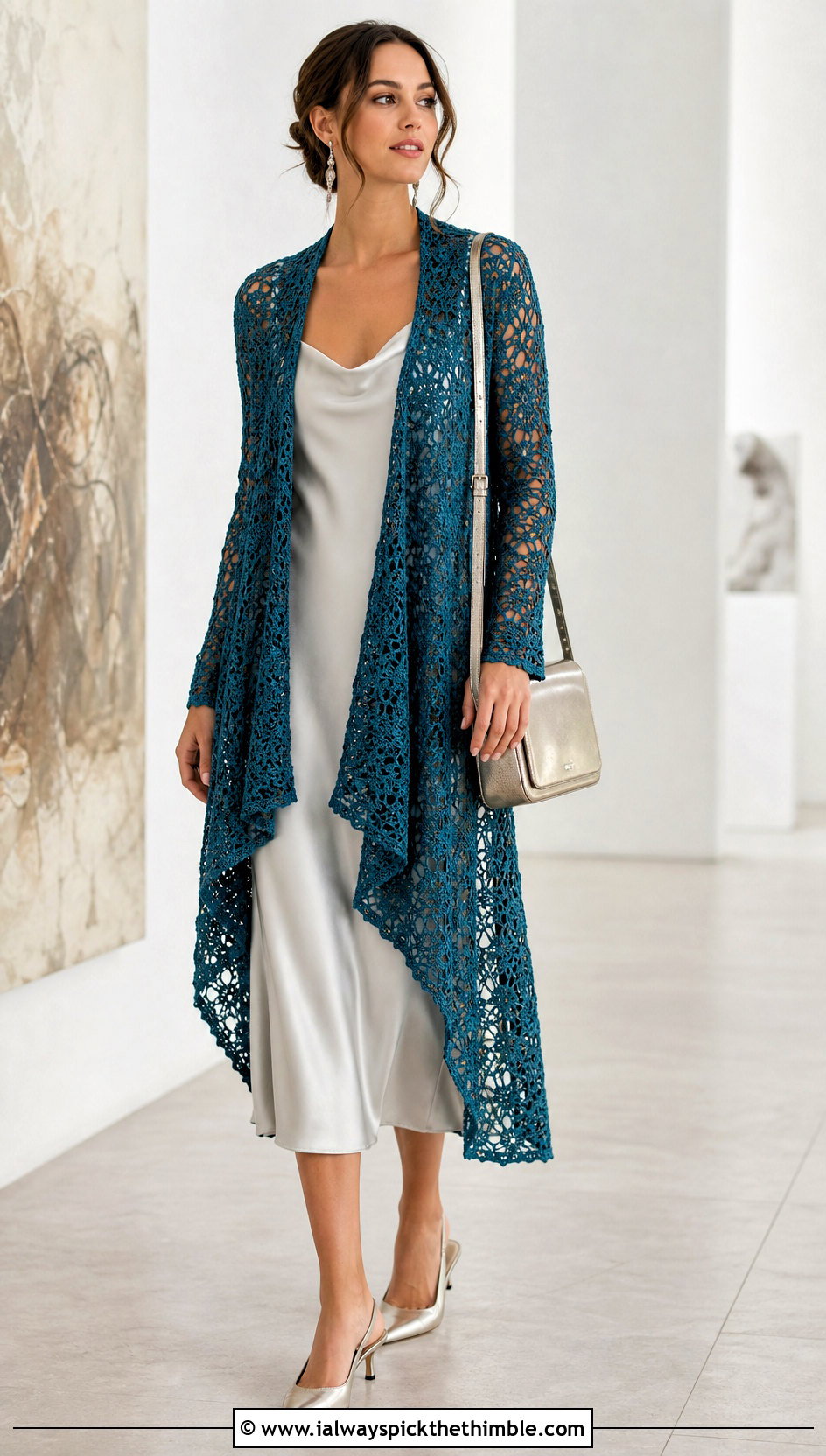 Lace Crochet Waterfall Cardigan With Satin Slip Dress - 20 crochet waterfall cardigan outfit ideas