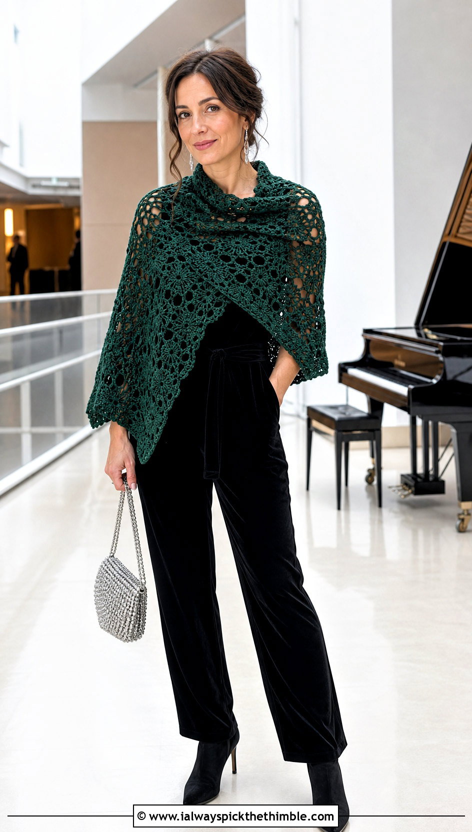 Lace Crochet Winter Shawl With Velvet Jumpsuit - 15 Crochet Winter Shawl outfit ideas
