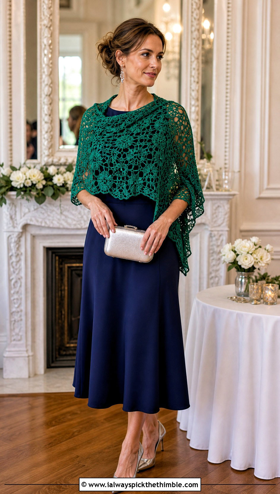 Lace Crochet Wrap Shawl With a Tailored Dress - 20 one skein crochet shawl outfit ideas