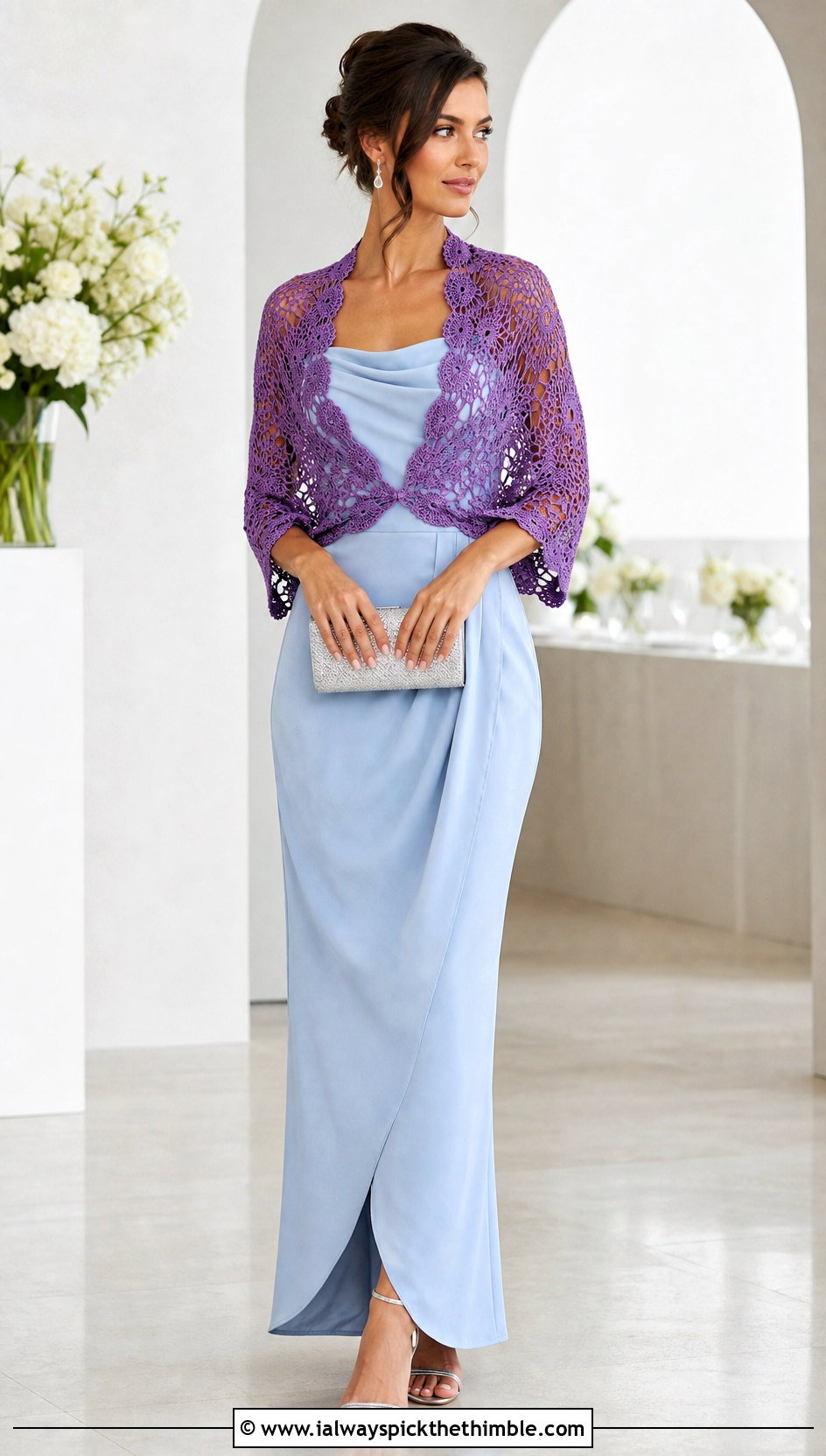 Lace Crochet Wrap Shrug With Column Maxi Dress - 25 Crochet Wrap Shrug outfit ideas