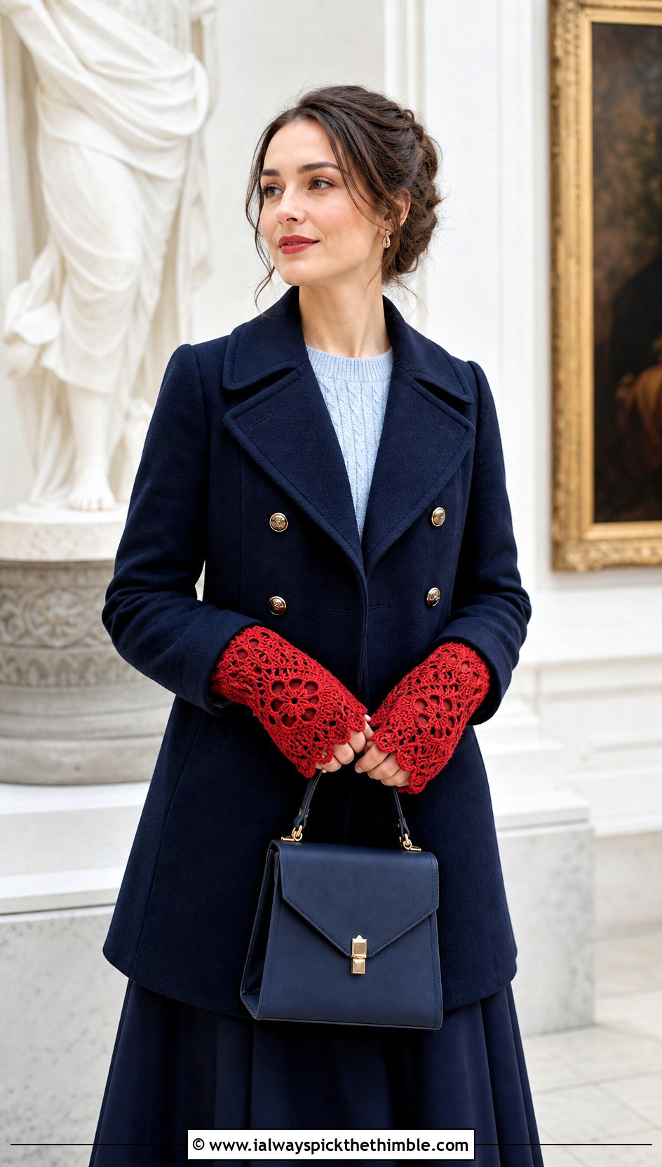 Lace Cuff Crochet Mittens With Navy Peacoat - 20 cute crochet mittens outfit ideas