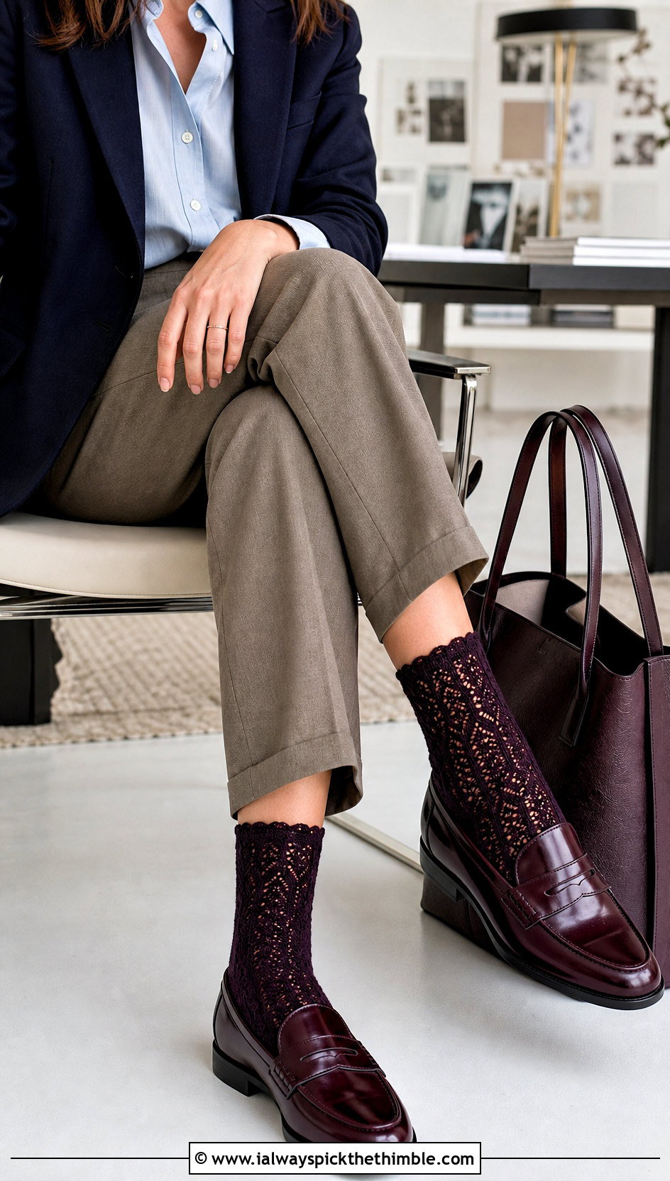 Lace Cuff Crochet Wool Socks With Tailored Trousers - 20 Crochet Wool Socks outfit ideas