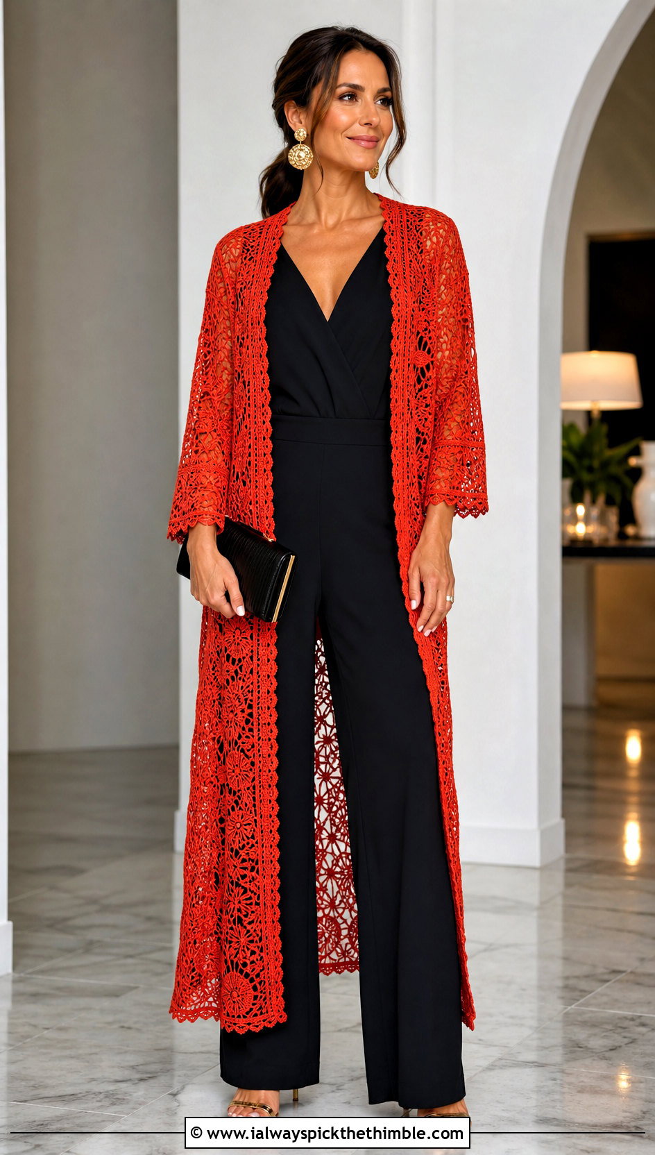 Lace Duster Long Crochet Cardigan With Tailored Jumpsuit - 20 long crochet cardigan outfit ideas