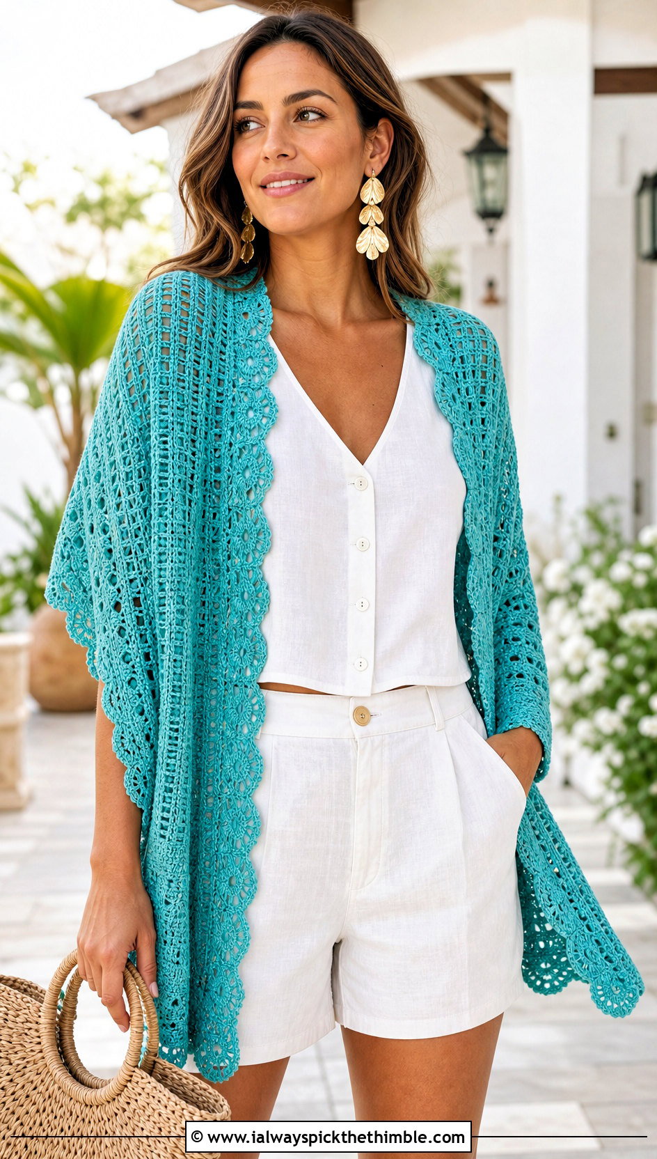 Lace Edge Block Stitch Crochet Shawl With A Linen Vest And Shorts - 15 Block Stitch Crochet Shawl outfit ideas